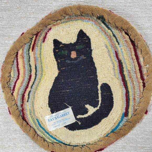 VTG Black Cat Fays Garret Seat Cushion Rug Round Hand Hook Loop Signed Folk Art - Picture 7 of 16